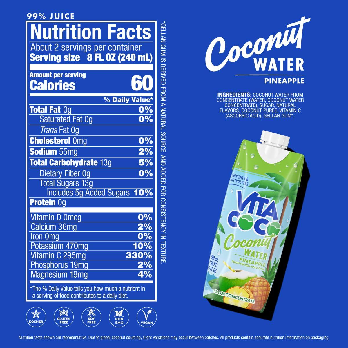 image:imageVita Coco Coconut Water Naturally Hydrating Electrolyte Drink Smart Alternative to Coffee Soda and Sports Drinks Gluten Free Pineapple 169 Fl Oz Pack of 12 2028 Fl OzPineapple