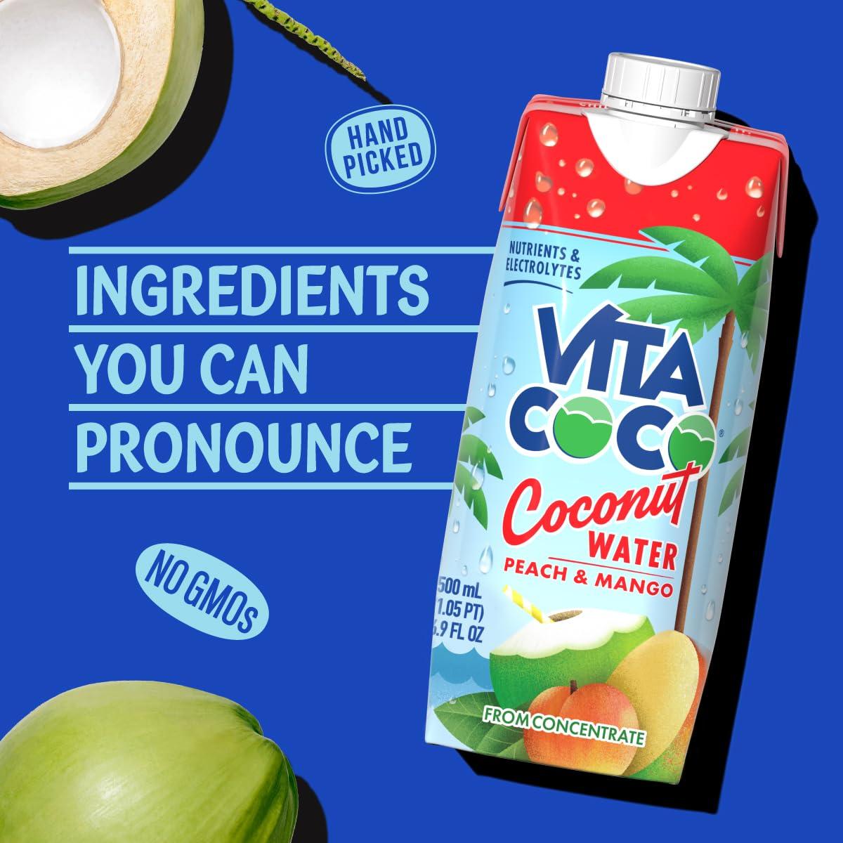image:imageVita Coco Coconut Water Naturally Hydrating Electrolyte Drink Smart Alternative to Coffee Soda and Sports Drinks Gluten Free Pineapple 169 Fl Oz Pack of 12 2028 Fl OzPeach and Mango
